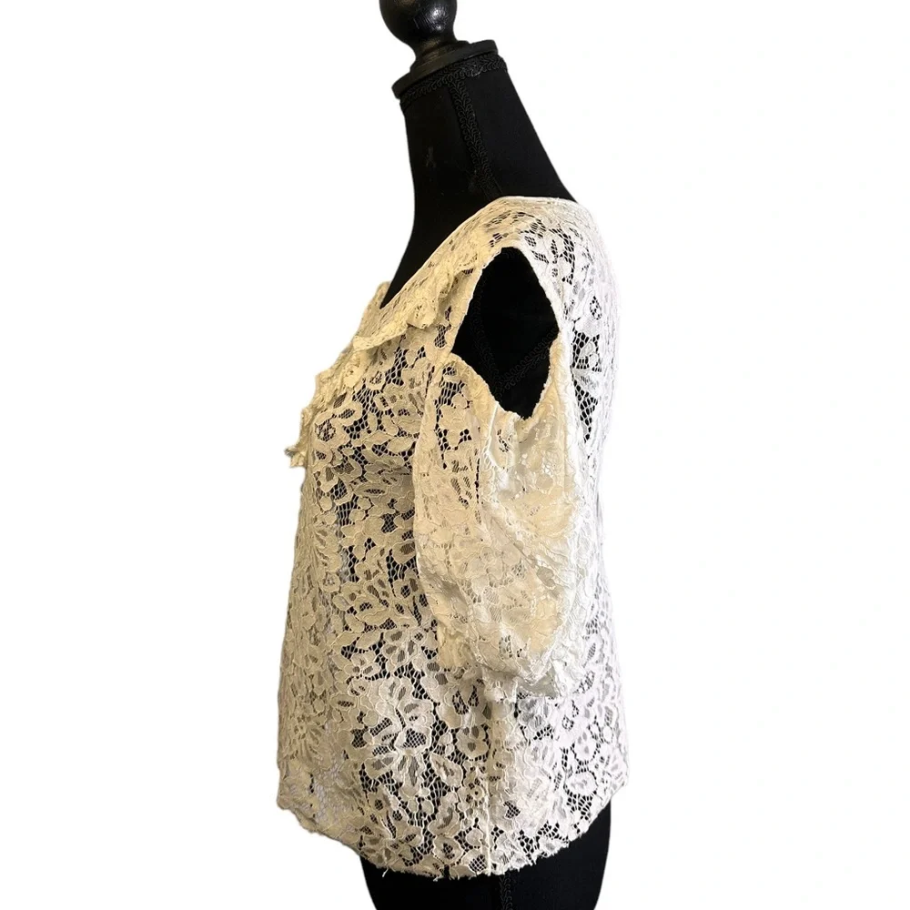 Zara Lace Cold Shoulder Top Ivory Boho Sheer Crochet Blouse Size M